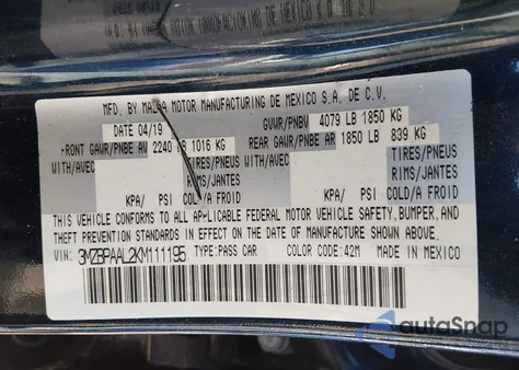 2019 Mazda Mazda3 Select Package из США, поврежденный, VIN 3MZBPAAL2KM111195